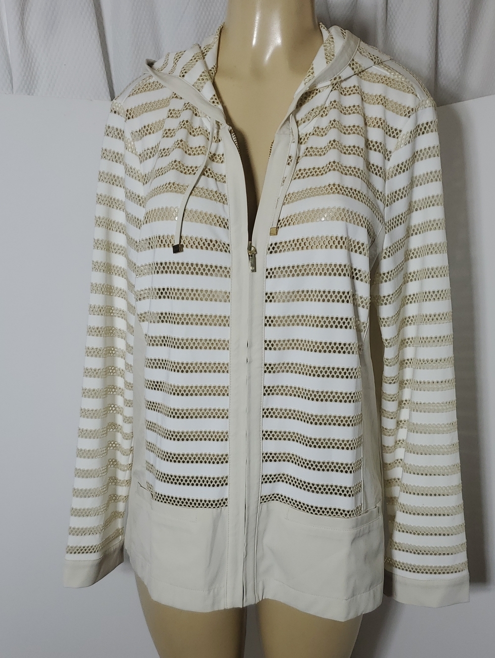 Zenergy Chico's zip up jacket White and Tan Striped Mesh Zip Hoodie Size 2
